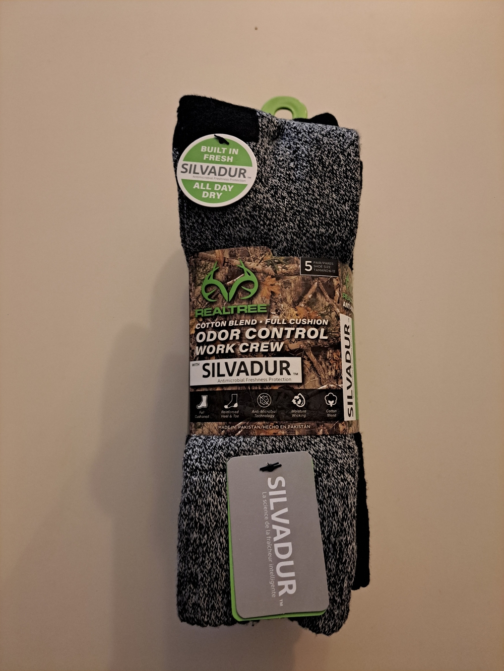 Realtree Silvadur Odor Control Work 5 pair Crew Socks - Black/Gray